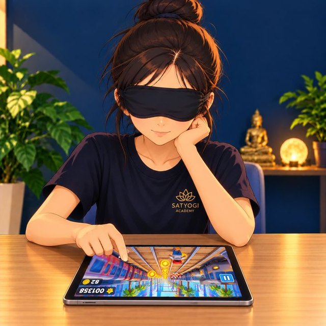 Playing a game on a tablet, blindfolded