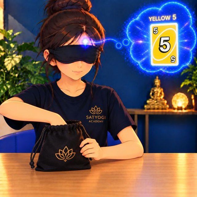 Reading a card drawn from a closed bag, blindfolded
