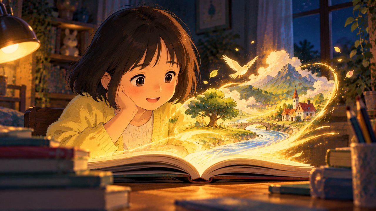 A girl smiling as a little world rises from the pages of her book