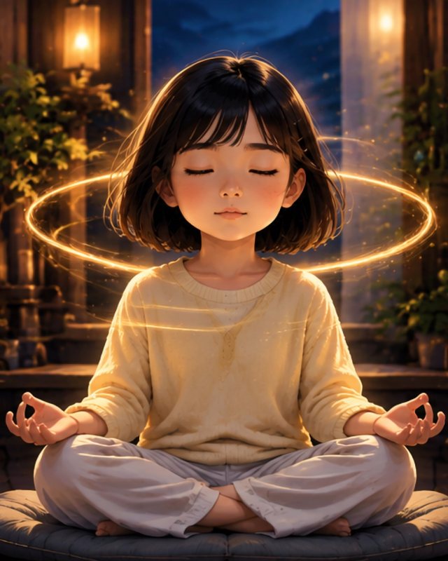 A girl sitting calmly in meditation with a soft golden glow around her