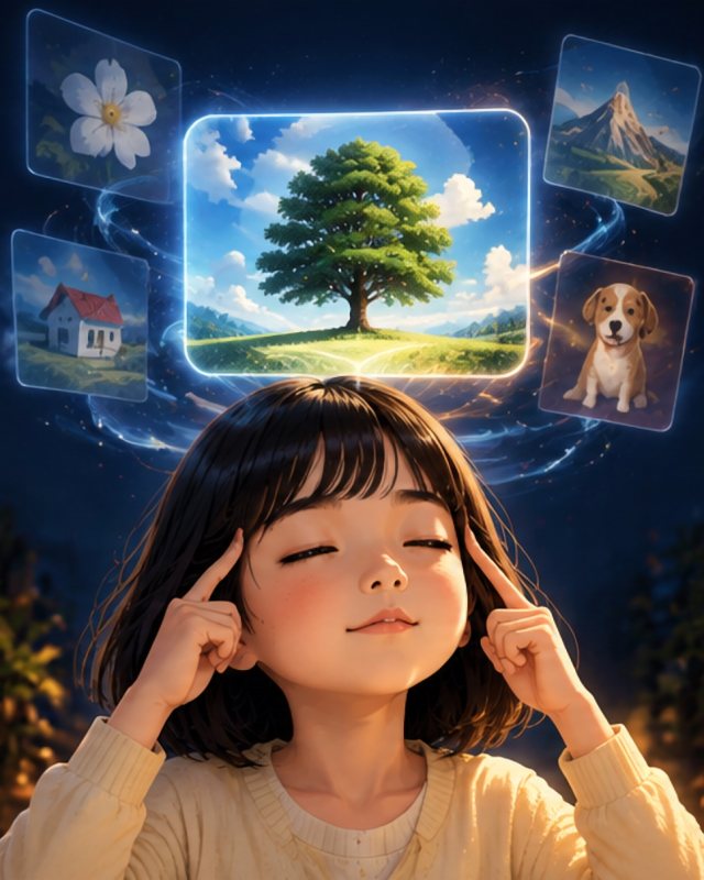 A girl with eyes closed, picturing a tree, a flower, a house and a puppy on her Mind Screen