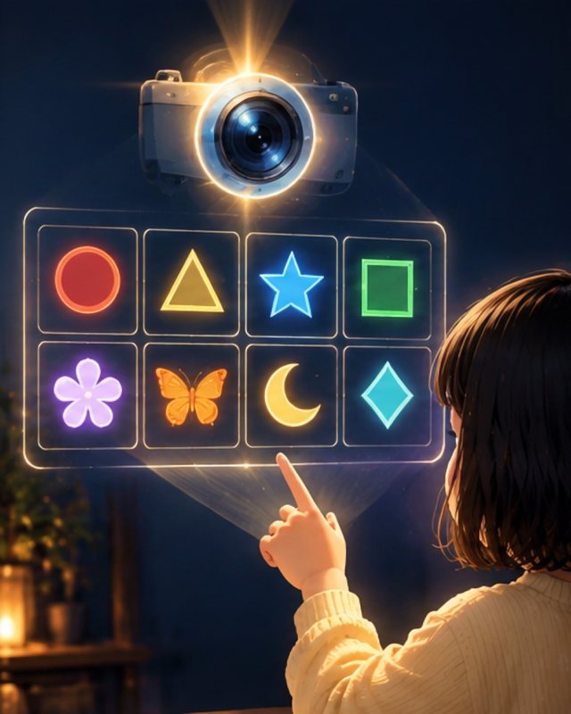 A girl pointing at a glowing grid of coloured shapes, remembering what she saw