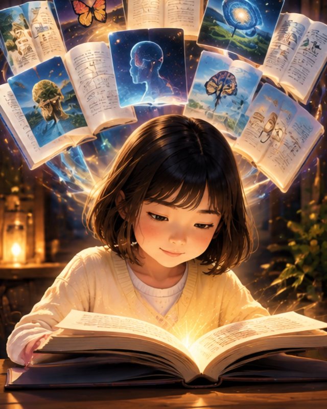 A girl reading a glowing book as ideas and pictures rise from its pages