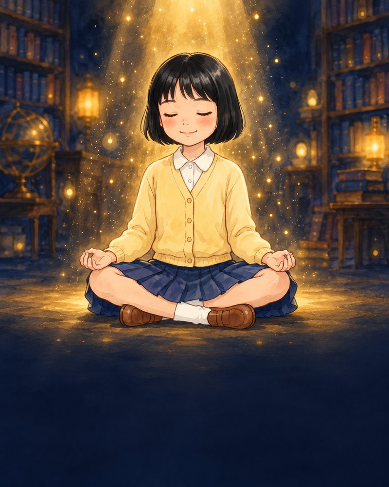 A child sitting cross-legged with eyes closed in warm window light