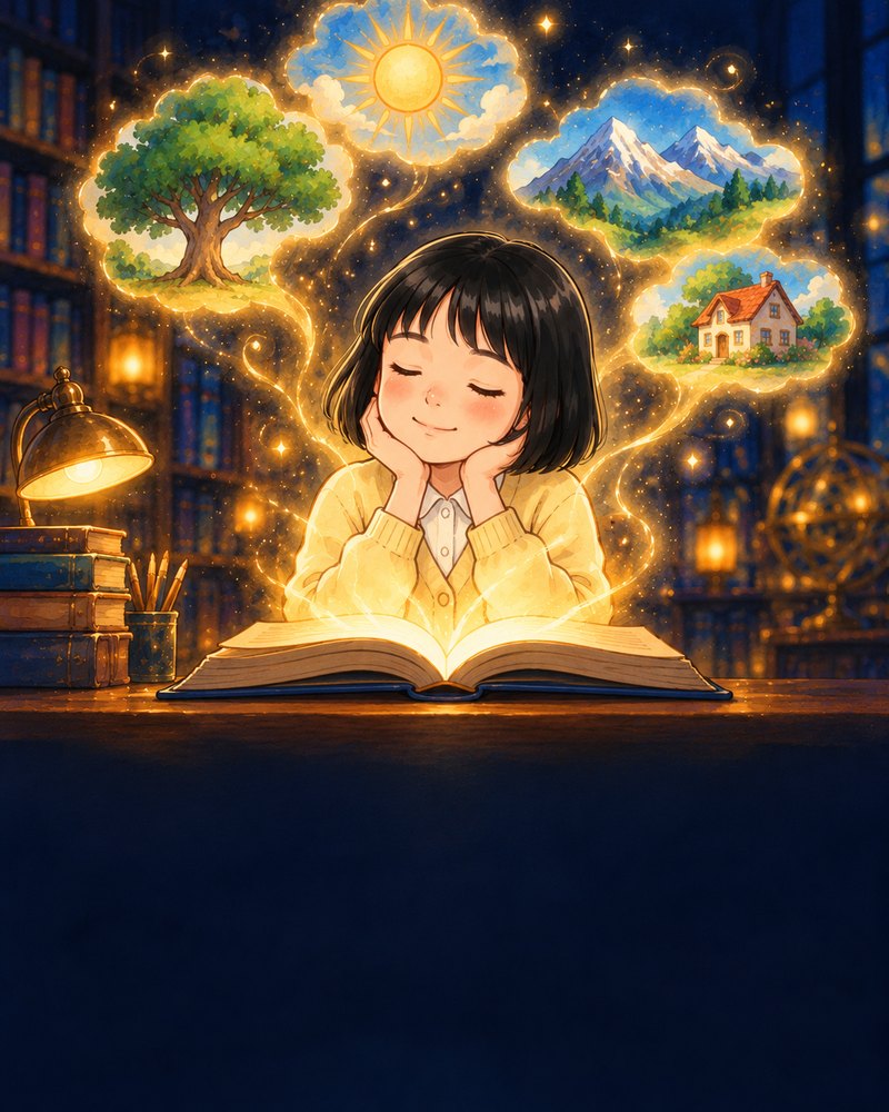 Glowing pictures of a tree, a sun, mountains and a house rising from an open book