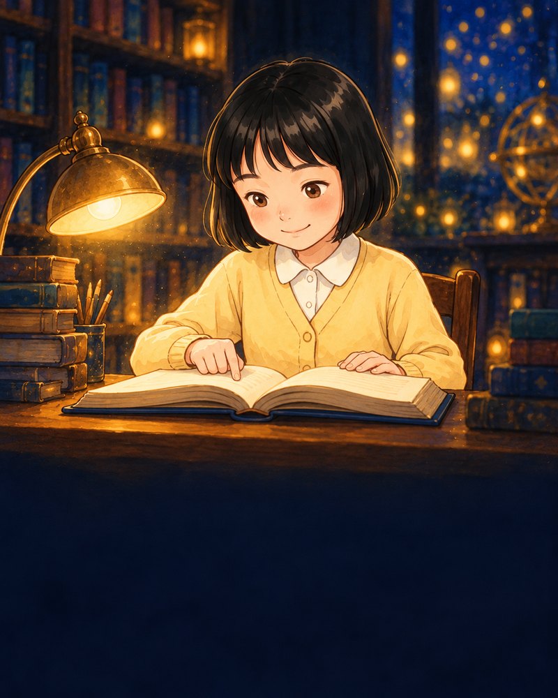 A child reading an open book at a desk under a warm lamp
