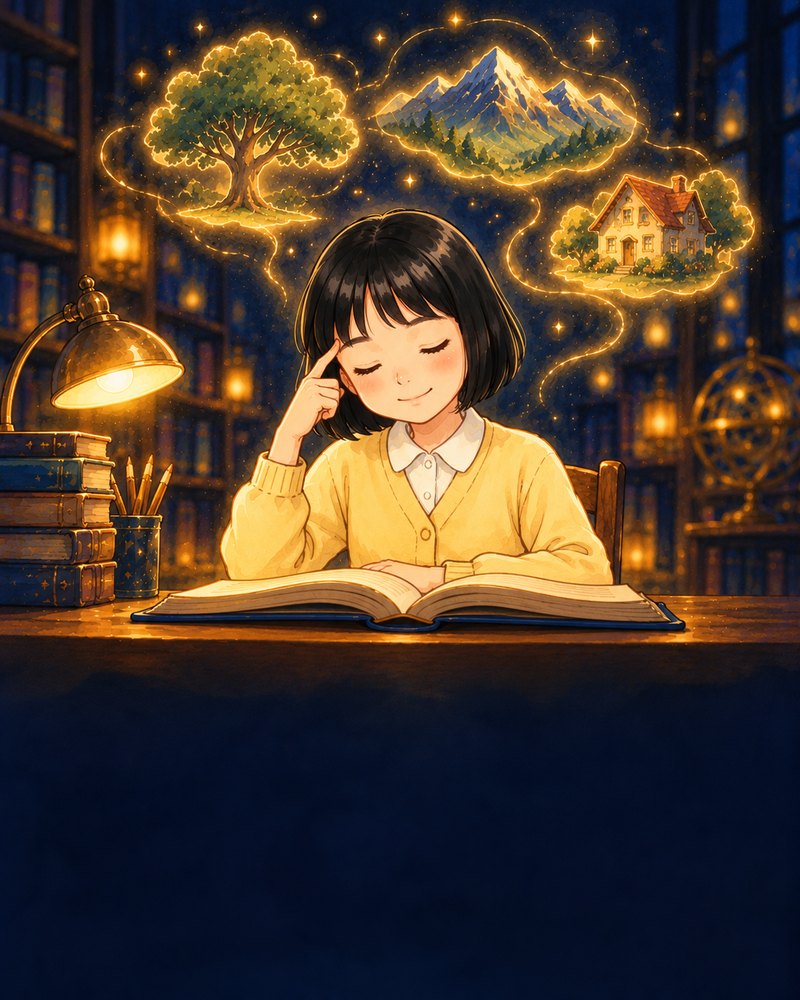 A child with eyes closed at a desk, gently recalling a tree, a mountain and a house