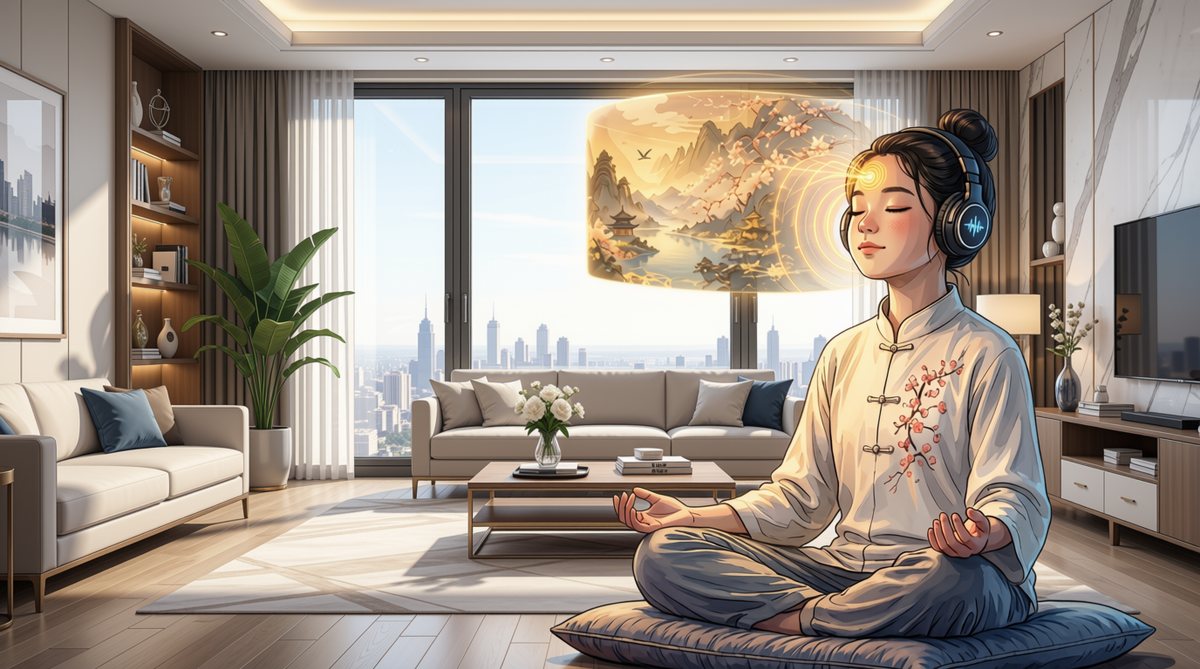 A young person sitting in quiet meditation while a vivid picture forms on her Mind Screen