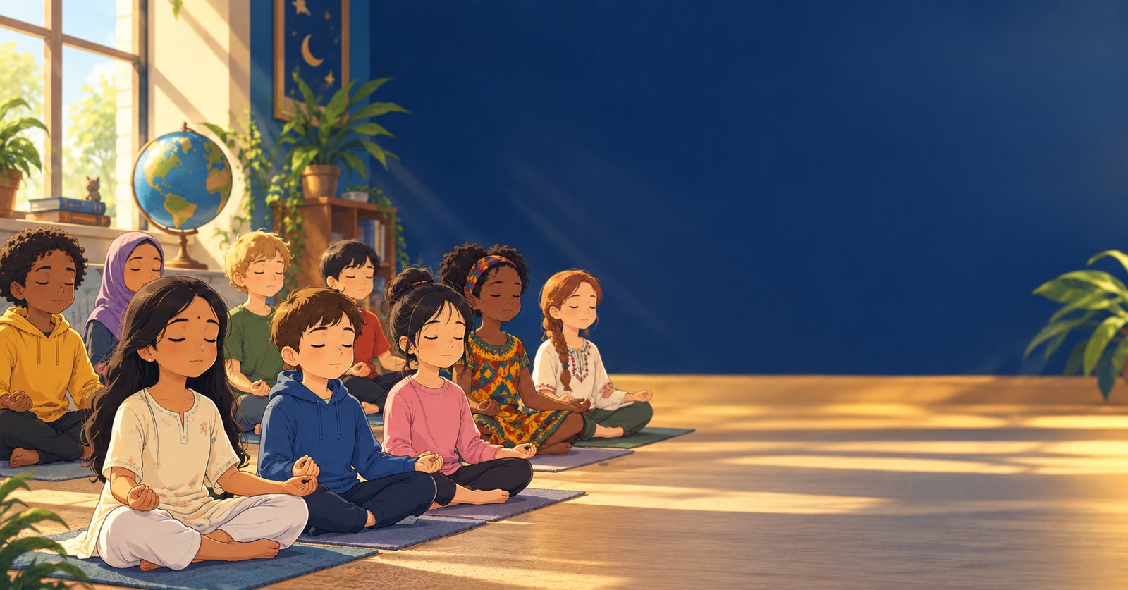 Children of many backgrounds sitting cross-legged on mats in a sunlit classroom, eyes closed in quiet meditation